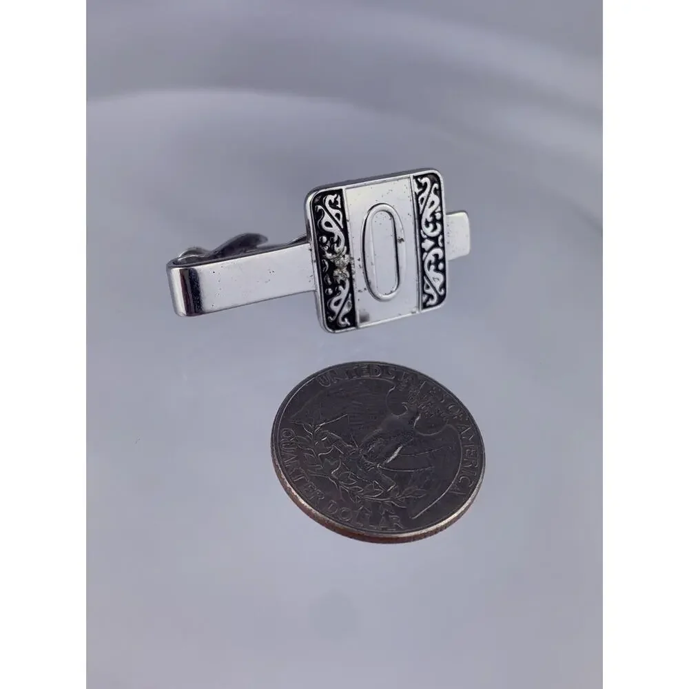 O Initial White Gold Plated Tie Clip Bar Swoops Scrolls Swank Vintage